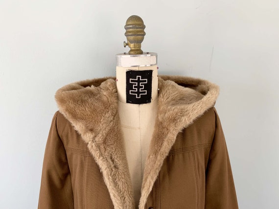 70s Penny Lane Light Brown Hooded Coat with Faux … - image 5