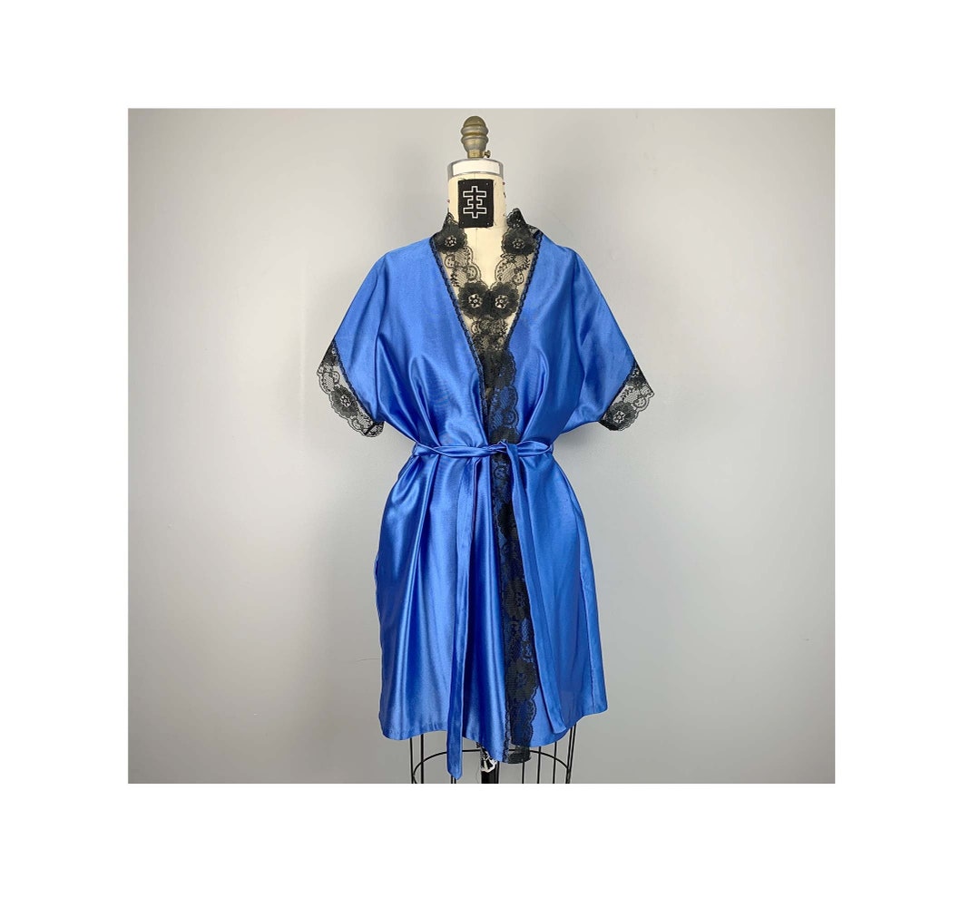 90s Frederick's of Hollywood Blue Goth Silky Robe With Black Lace Trim ...