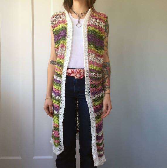 80s Crochet Handmade Mutli-Color Long Cardigan Ve… - image 5