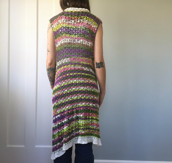 80s Crochet Handmade Mutli-Color Long Cardigan Ve… - image 6