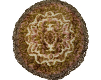 70s Opium Den Hand Made Green Pink Tufted Mini Rug with Crochet Metallic Trim