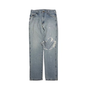 May include: Light blue denim jeans with a large hole in the right knee. The jeans have a straight leg and a classic five-pocket style.