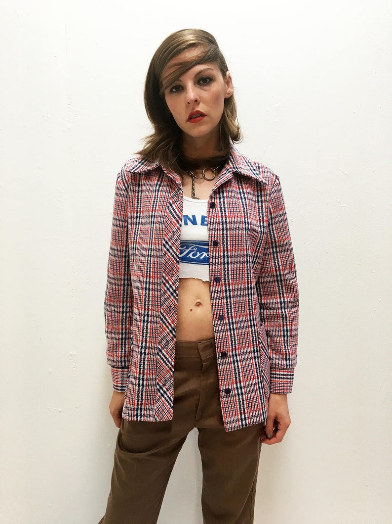 70s Red White and Blue Plaid Jacket Size SM