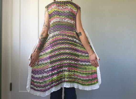 80s Crochet Handmade Mutli-Color Long Cardigan Ve… - image 4