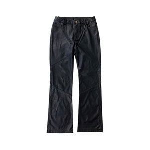 May include: Black leather pants with a straight leg and a slightly flared hem.