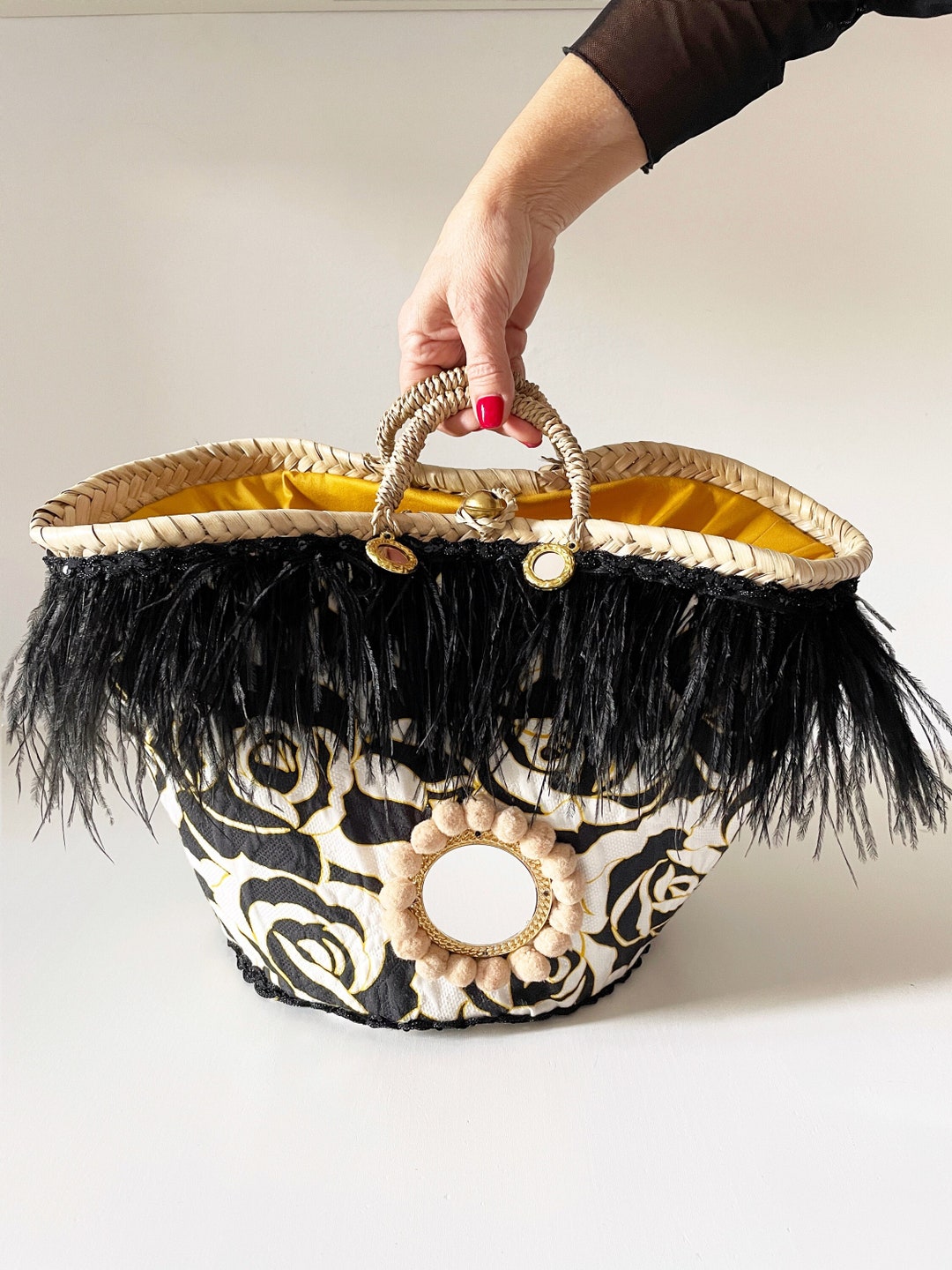 Borsa in paglia rivestita in cotone, fatta a mano, coffa siciliana