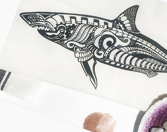 Apex Shark Tattoo Tea Towel in Black with Black Box Stripe