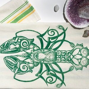 Time Lobster Tattoo Tea Towel in Green with Green and Yellow Stripe