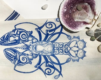 Time Lobster Tattoo Tea Towel in Blue with Blue Stripe