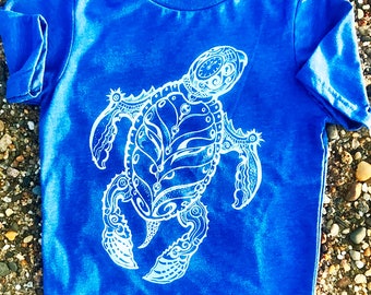 Samurai Sea Turtle Children's T-Shirt in White on Royal Blue