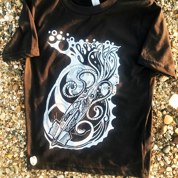 Battle Squid Children's T-Shirt in White on Black