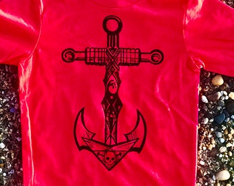 Skully Anchor Children's T-Shirt in Black on Red