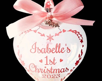 Personalised Heart Shaped Bauble Printed with your Baby's Name! ~ First 1st Christmas 2023 ~ Ribbon & Print available in Pink or Blue!