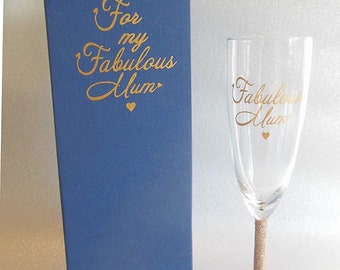 Gold Glitter Stem Champagne Flute with Gold 'Fabulous Mum', Perfect Mother's Day Gift or Birthday Present for Mum