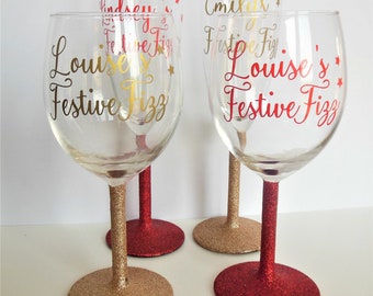 Glittery Wine Glass or Champagne Flute - Personalised with any name + 'Festive Fizz'.  Available in Red or Gold.  Gift wrapped