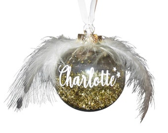 Personalised Bauble with Fluffy Feather Wings and Personalised with Any Name. Choice of Silver, Gold or Rose Gold Glitter Filling!