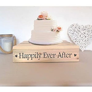 14" Square Wooden Rustic Wedding Cake Stand - 'Happily Ever After'