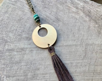 turquoise leather fringe necklace, long gold boho necklace, beaded necklace, leather fringe pendant necklace, leather tassel necklace
