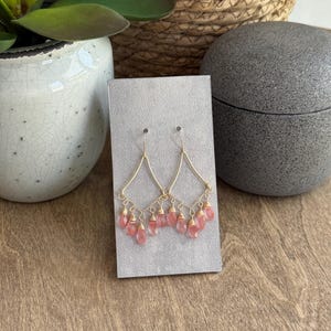 gold plated gemstone hoop earrings, faceted gemstone dangles, pink pastel gemstones, lightweight & nickel free, quartz hoop earrings