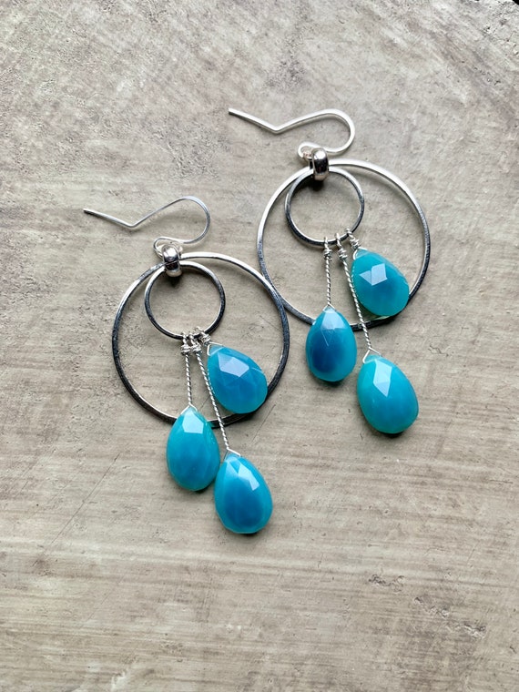 Faceted chalcedony pair silver beaded earrings aqua gemstone | Etsy