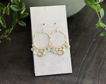 Gold Plated Gemstone Hoop Earrings: Pastel Quartz Dangles, Nickel Free, moonstone jewelry
