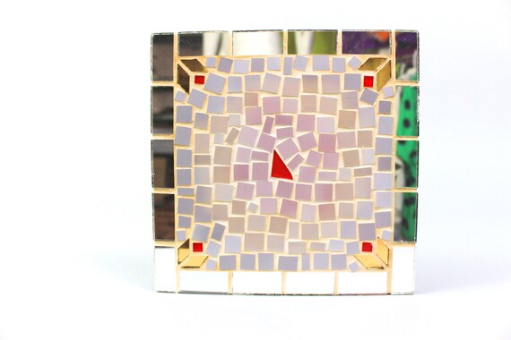 Retro Glass Candle Holder With Mirror Base 90s Candleholders Vintage Tealight Gift 80s Candles Geometric Shape 40cm Wall Art Featuring A Clear Mirror Bevelled Frame With Centre Mirrored Square