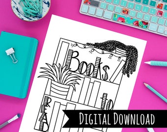 May include: Black and white line art print of a bookshelf with the words "Books to Read" and "Digital Download". The design includes a potted plant, string lights, and a decorative element. The image is on a white paper, with a pink background.