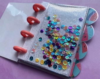 Sequin Shaker Dashboard, Glitter Stars Jelly, Micro Happy Notes, Mini Happy Planner Booklet, 4 discs, rainbow sequins, Serving Peaches