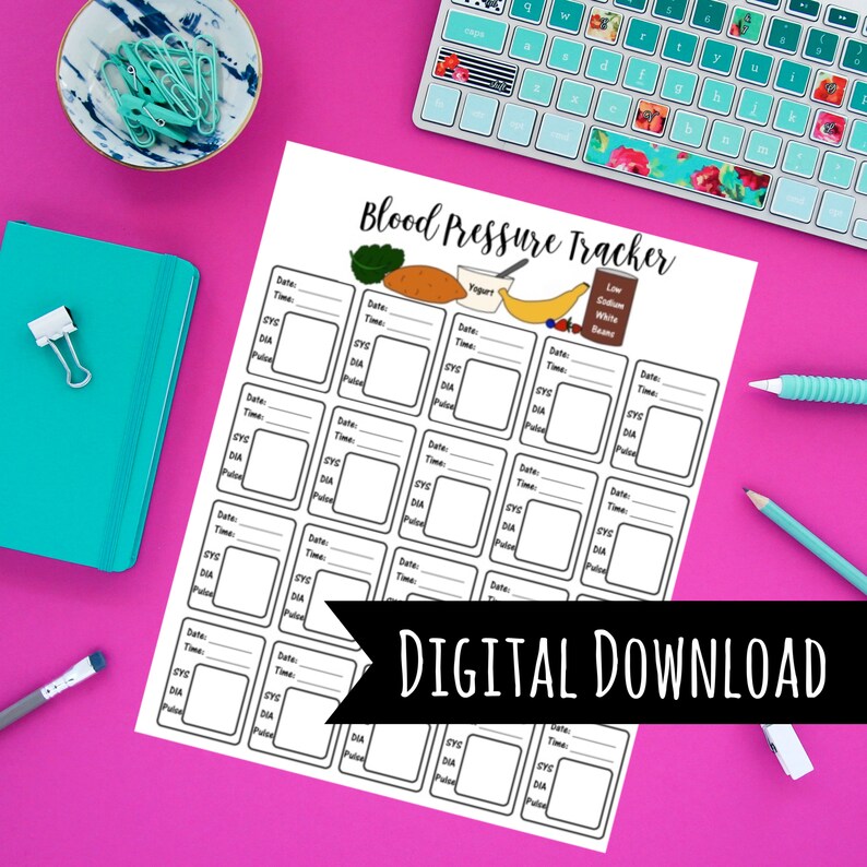 May include: Printable blood pressure tracker with a black and white design. The tracker includes spaces to record date, time, systolic, diastolic, and pulse. The tracker also features illustrations of healthy foods, including yogurt, sweet potato, banana, and white beans.