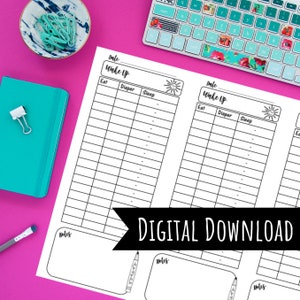 Op de afbeelding: Printbare digitale download van een baby-trackerlog. Het logboek heeft drie kolommen voor het bijhouden van voeding, luierveranderingen en slaap. Er zijn drie secties voor het bijhouden van verschillende dagen. Het logboek heeft een ruimte voor notities en een zonpictogram.