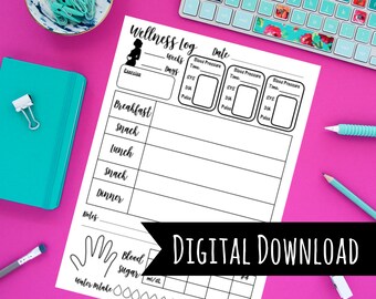 May include: A printable wellness log for tracking pregnancy symptoms, blood pressure, meals, exercise, blood sugar, and water intake. The log includes sections for breakfast, snack, lunch, dinner, notes, and a digital download label.