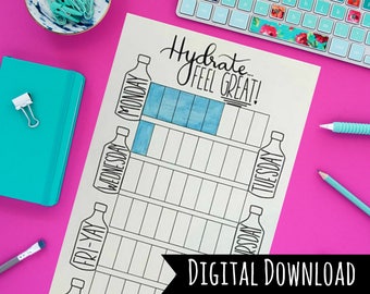 May include: A printable water tracker chart with a blue watercolor background. The chart is designed to help you track your water intake for each day of the week. The text on the chart reads "Hydrate... Feel Great!" and "Digital Download".