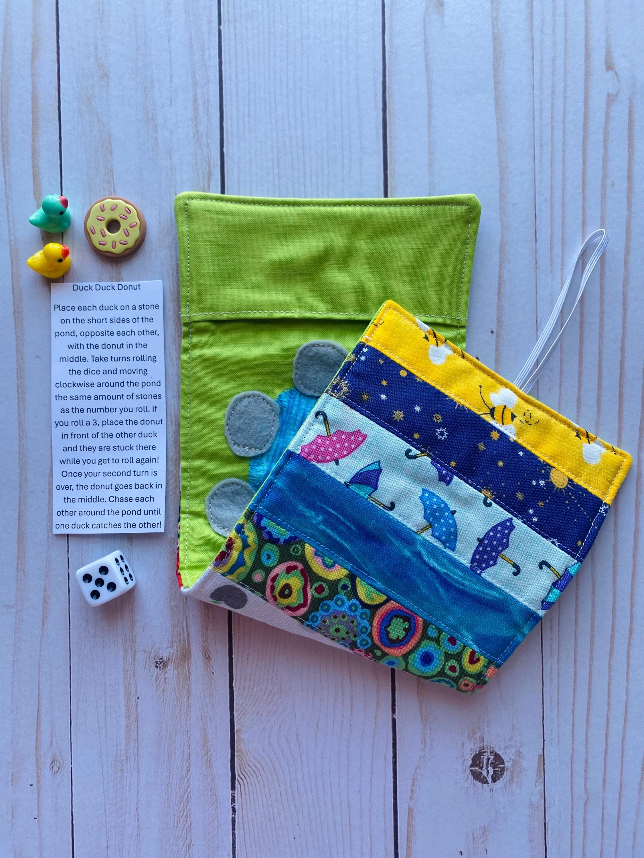 Travel Game, Restaurant Entertainment, Small Kids Game, Screen Free, Quilted Fabric, Dice Game, Roll Up Mat, Duck, Donut, Serving Peaches