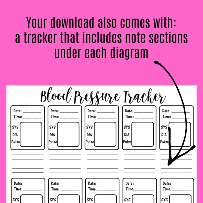 May include: Black and white printable blood pressure tracker with the title "Blood Pressure Tracker" at the top. The tracker has five columns with spaces to record the date, time, systolic blood pressure, diastolic blood pressure, and pulse.