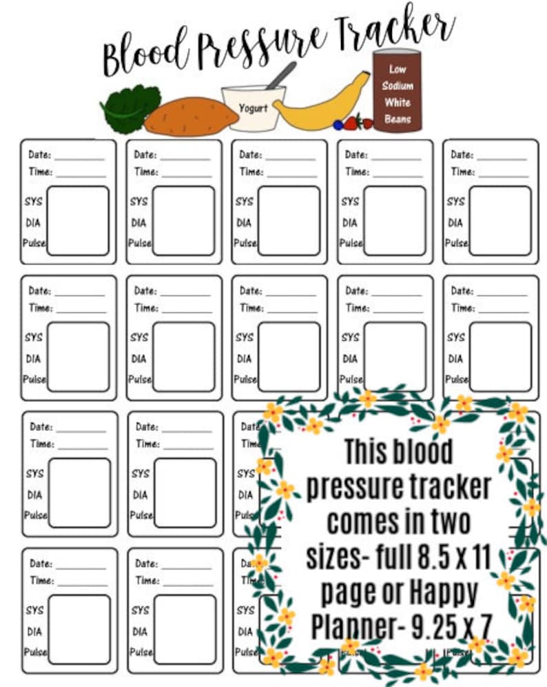 May include: A printable blood pressure tracker with a floral border. The tracker has spaces to record date, time, systolic, diastolic, and pulse. The text "This blood pressure tracker comes in two sizes - full 8.5 x 11 page or Happy Planner - 9.25 x 7" is included in the image.