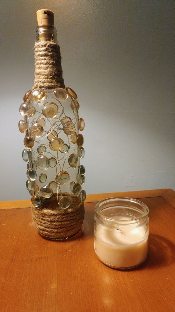Recycled Wine Bottle With Lights Inside Decorated With Glass Etsy