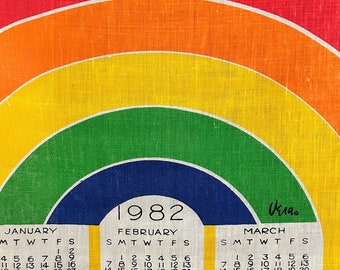 Fabulous Vintage VERA 1982 Rainbow Printed Linen Calendar Towel with Original Hanging Dowel - Wall Hanging - Vera Neumann - Kitchen Towel