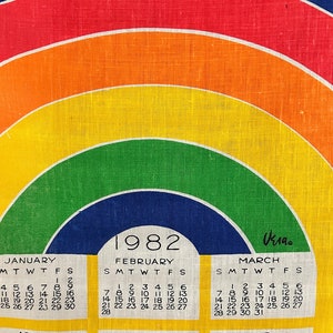 Fabulous Vintage VERA 1982 Rainbow Printed Linen Calendar Towel with Original Hanging Dowel - Wall Hanging - Vera Neumann - Kitchen Towel