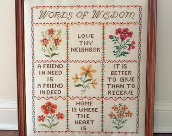 Fabulous Vintage Floral "Words of Wisdom" Cross Stitch Needlepoint - 20x22" - Completed & Framed - Boho Decor - Cottagecore - Grandmacore