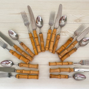 14 pcs Bamboo Handles Dessert Cutlery Solingen Cutlery Handmade Bamboo Handles Cake Set and Stainless Steel 70s