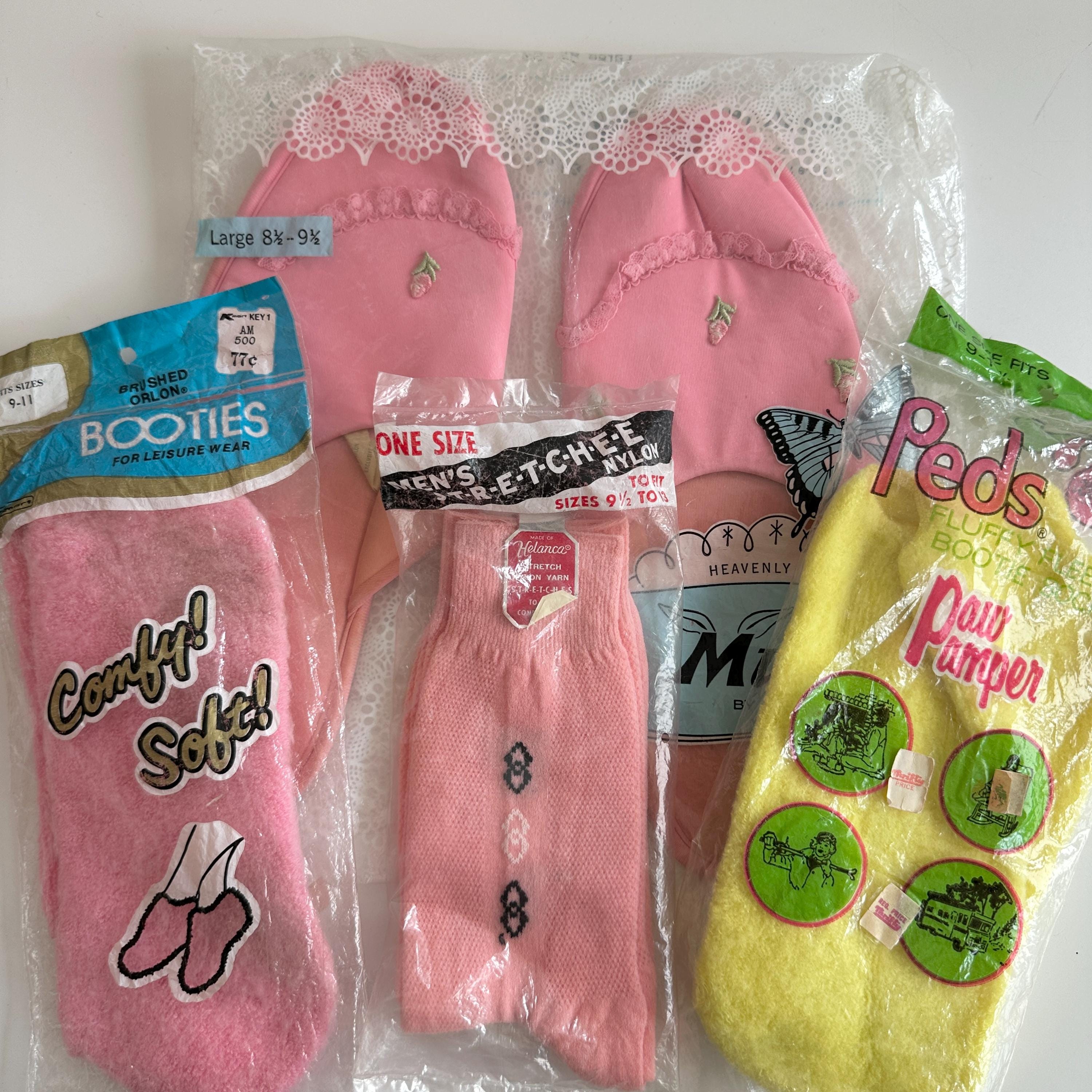 LOT of Vintage 1960s Mules Peds Booties Socks - Ladies Sleep Socks - Fluffy Fleece Socks - Vintage Footwear - NOS in Package - Pink Yellow