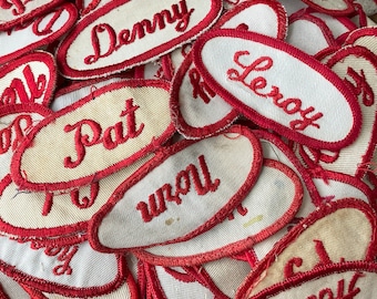 RESTOCKED! Bulk Vintage Red Embroidered Oval Uniform Name Patches - 25 or 50 Random Names - Men's names - Industrial Work Shirt - Vtg Supply