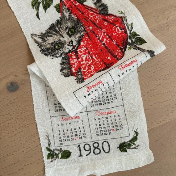 Cute Vintage Linen Printed 1980 Kitty Cat Calendar Tea Towel - Tall & Skinny - Kitchen Towel - Kitschy