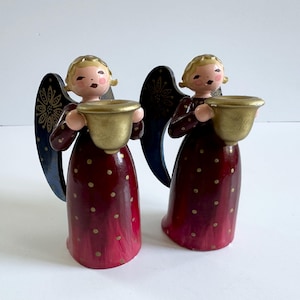 Sweet Vintage PAIR of Erzgebirge German Wendt and Kühn Wood Angels Wooden Candle Holders - Richly Painted Christmas Angels