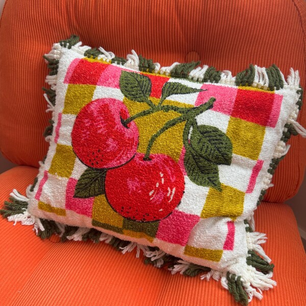 Cute Vintage Terrycloth Cherry Towel Throw Pillow with Yarn Fringe - Upcycled - As Found - 18x14" - Retro Home Decor