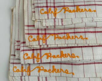Fun Vintage 50's Set of FOUR NOS Red & White Cotton Chainstitched "Calif Packers" Tea Towels - Kitchen Towels - Dish Towels - Chain Stitch