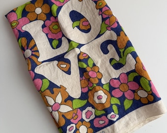 Groovy Vintage Chris Bash Flower Power "LOVE" Hand Printed Linen Tea Towel Colorful Daisy Kitchen Towel - Wonderful Graphic