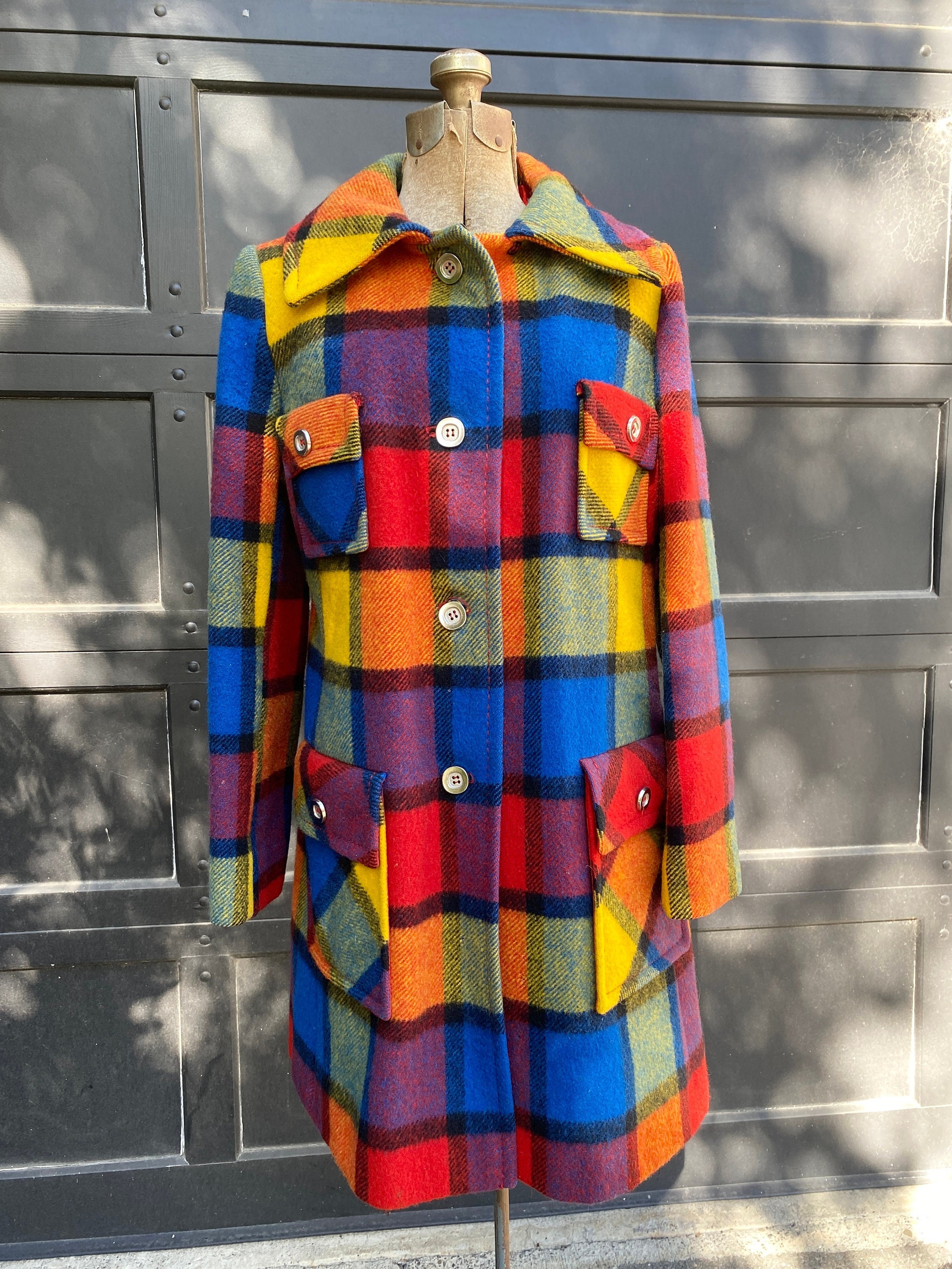1970 s Vintage Rainbow Plaid Wool Women s Coat by Adler Haibach Zurich Euro 38 US 6 Vintage Clothing Primary Colors Etsy UK
