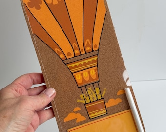 Kitschy Vintage 70s Cork board Hot Air Balloon Message Center - NOS Bulletin Board in Original Packaging - Silk Screened Design - Push Pin