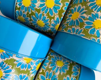 Great Set of FOUR Vintage Blue/Green Daisy Flower Power MCM 70’s Metal Kitchen Canisters - Stacking Nesting - Retro Storage - Mod Decor